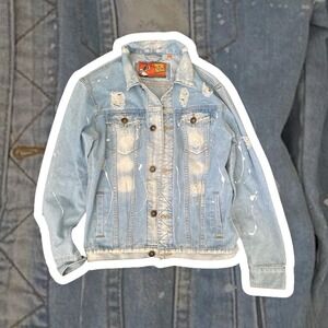 Vintage Rolling Paper Denim Jacket Light Wash Distressed Paint Splatter Retro‎ S